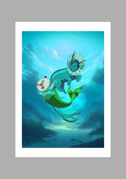 Oshawott and Vaporeon's Aquatic Adventure - Print